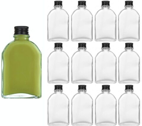 FUFU 12pcs empty juice bottle glass milk beverage bottle coffee bottle whiskey bottle coffee bottle vodka bottle party drink shop coffee shop (100ML, Black lid)