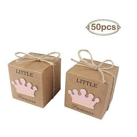 ALISSA 50Pcs Little Princess Baby Shower Favor Boxes + 50Pcs Twine Bow | Rustic Kraft Paper Candy Bag Gift Box for Baby Shower Party Supplies Girl Decoration (Pink)