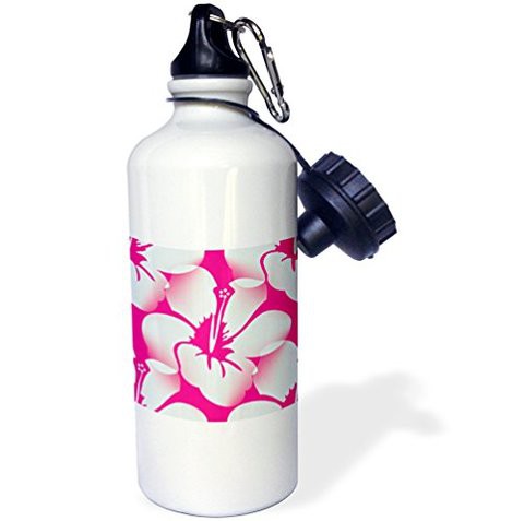 3DrosePink And White Hawaiian Hibiscus Flowers Floral Print Tropical Art&quot; Sports Water Bottle, 21 Oz, White