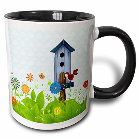 3Drose Red Bird And A Blue Birdhouse In A Sweet Garden Of Flowers Two Tone Mug, 11 Oz, Black/White