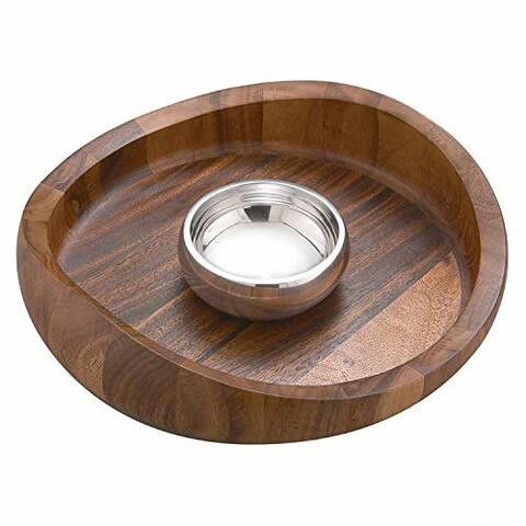 Namb&egrave; Nambe Butterfly Curved Acacia Wood Chip And Dip Bowl 16&quot; With Inner Nambe Alloy Metal Dip Bowl 5.5&quot;