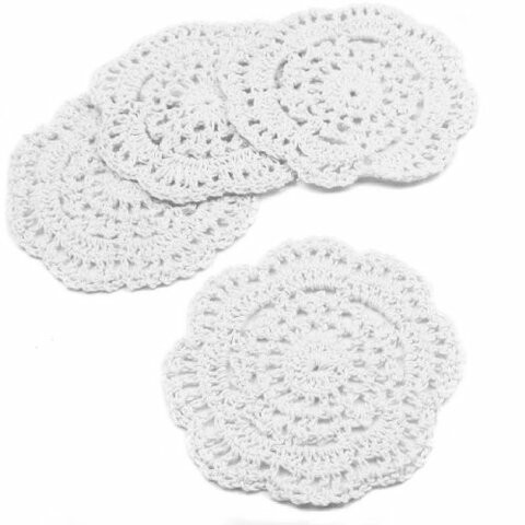 kilofly Small Crochet Cotton Lace Coasters Doilies Pack Set, 4pc, White, Round, 4 inch