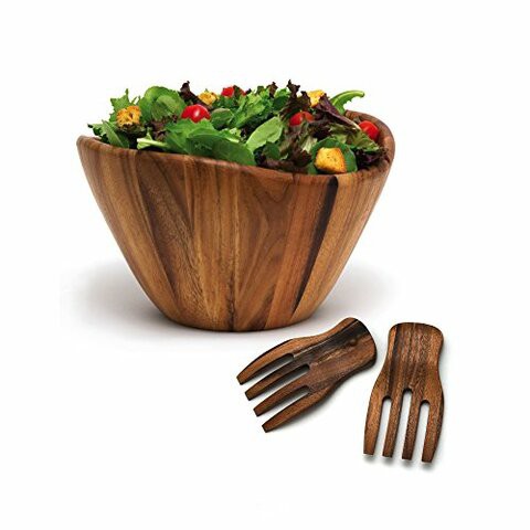 Lipper International Acacia Wave Bowl With Salad Hands