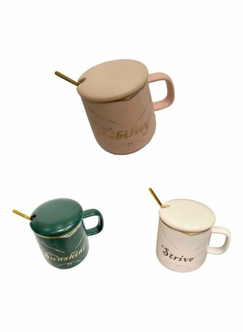 East Lady Pack Of 3 Coffee Mug With Lid And Spoon Green/White/Beige 9x10cm