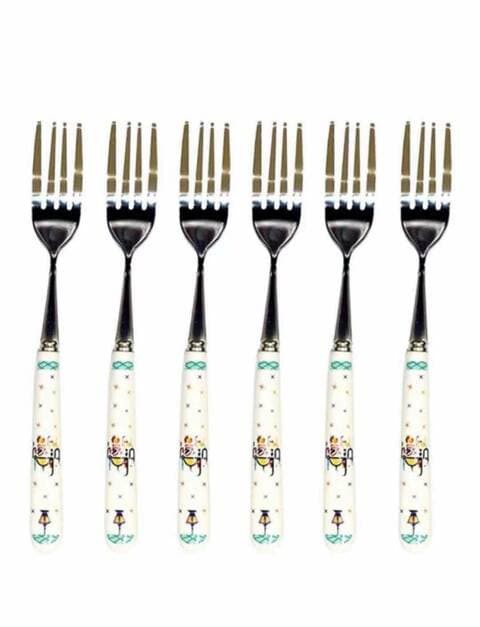 LIHAN top quality Creative Tableware EID MUBARAK 6 Pieces Polish dinning forks with Ceramic Handle,classic Stainless Steel&nbsp;Ramadan Style Head f for dessert, salad,fruit and sweet