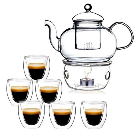 LIHAN Double Wall Glass Teapot Set ,Heat-resistant Stovetop and Dishwasher Safe , Combied with 600ml Teapot ,a Candle Warmer and 6*60ml  Double Wall small mugs，Blooming &amp; Loose Leaf Tea Pot