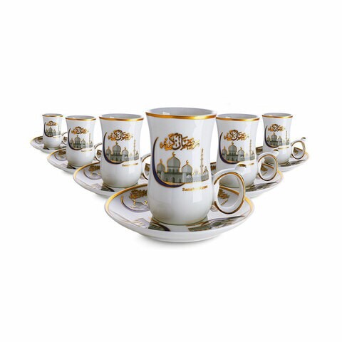 LIYING porcelain ramadan Gift Box Set Of 12 Arabic Turkish Espresso  Designer gawa Coffee Cups 75ML together with  6 tea Cups + Saucers , 100 ml