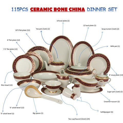 XIANGYU Dinner Set Porcelain Gold, 115pcs tea set; 10&#39;5 flat plate- (12) , 8&#39; soup plate- (12) 8&#39; flat plate- (12), 7&#39;5 flat plate- (12) 6&#39; salad bowl- (12), &#39;tea pot (1set)- (2) Tea cup/Saucer(12set)