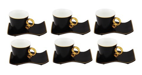 SHALLOW 6 CUPS &amp; 6 SAUCERS TEA SET IN GIFT BOX 190CC -NEW BONE CHINA -MATT BLACK(QY-1253-BL)