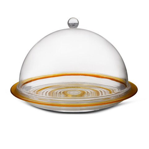 Al Hoora 33*33*H21cm Round Acrylic Cake Serving Clear Tray With Gold Border And Simple Roundknob And Box