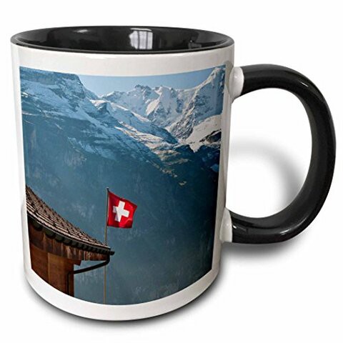 3dRose mug_82627_4Flag, Mountains, Murren, Jungfrau, Switzerland - EU29 MDE0022 - Michael DeFreitas Two Tone Black Mug, 11 oz, Multicolor