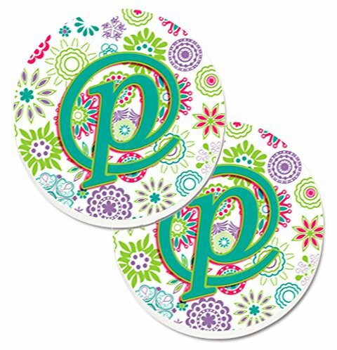 Caroline&#39;s Treasures CJ2011-PCARC Letter P Flowers Pink Teal Green Initial Set of 2 Cup Holder Car Coasters, Large, multicolor