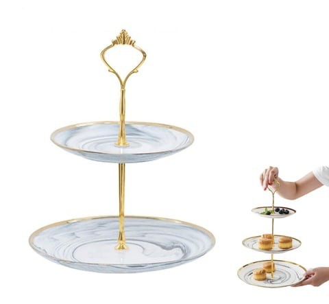 ALISSA 2-Tier Cupcake Stand Tower Dessert Display Plate Round Marble Ceramic Serving Tray