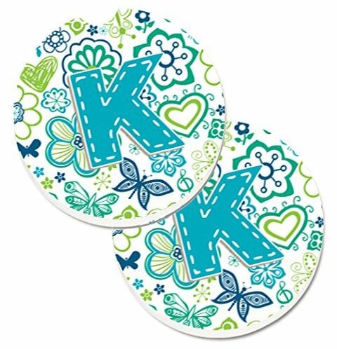 Caroline&#39;s Treasures CJ2006-KCARC Letter K Flowers and Butterflies Teal Blue Set of 2 Cup Holder Car Coasters, Large, multicolor