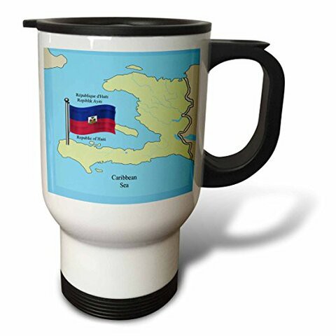 3dRose Flag and Map of Haiti with Republic of Haiti Printed in English French and Haitian Creole Stainless Steel Travel Mug, 14 oz, Multicolor