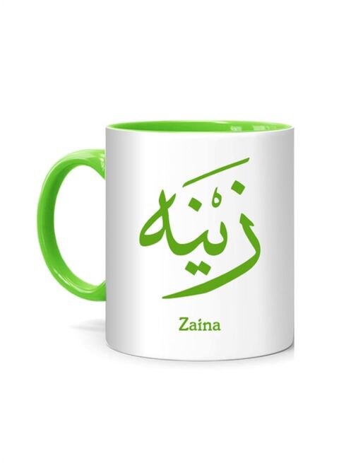 كوب بطبعة (Zaina) بخط عربي من اف ام ستايلز ، ابيض/اخضر 10 سم