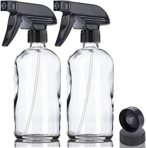 FUFU Empty Clear Glass Spray Bottles with Labels - 16 Oz Refillable Container for Essential Oils, Cleaning Products, or Aromatherapy-2pack