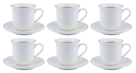 SHALLOW BONE CHINA COFFEE CUP AND SAUCER SET,WHITE/GOLD, 90CC, FPR-90-719, 12 PIECES