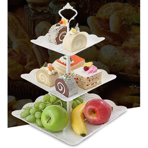 ZENHOME Plastic Imitation Ceramics 3-Tier Cup Cake Stand Party Food Server Display Set Dessert Pastry Stand Slate Serving Holder