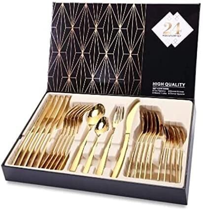 24 piece set of cutlery, fork and spoon, titanium plated stainless steel cutlery, fork and spoon Gift Set