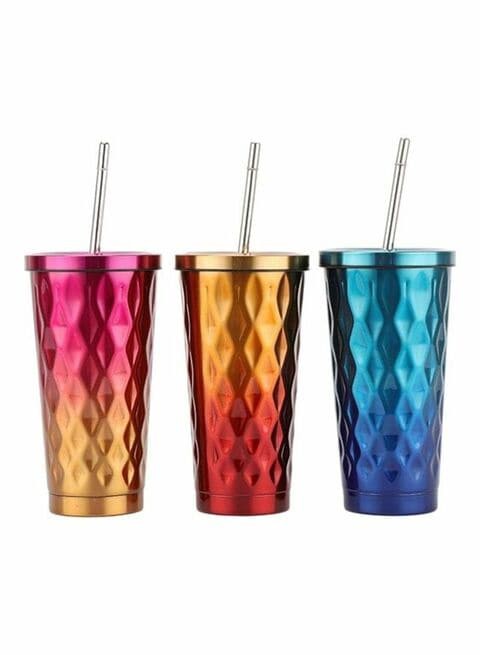 Generic 3-Piece Double-Layer Stainless Steel Tumbler With Straw Multicolour