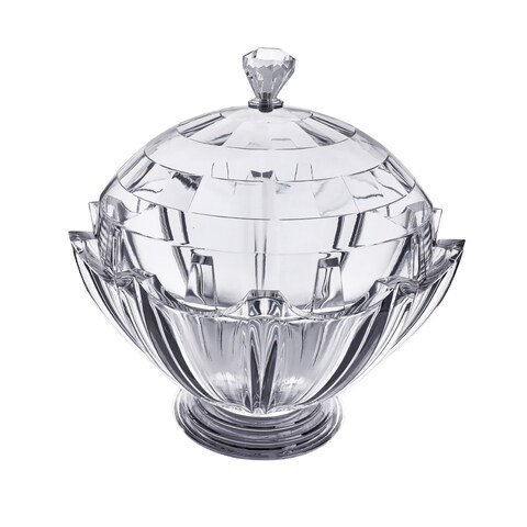 Al Hoora 23*23*H25Cm Round Acrylic Serving Clear Bowl W/ Clear Cover, Dimond Shape Knob And Box