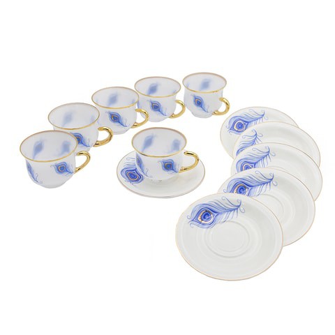 Al Hoora 6 Pieces Coffee Cup &amp; Saucer Set Gold/Blue Floral Design