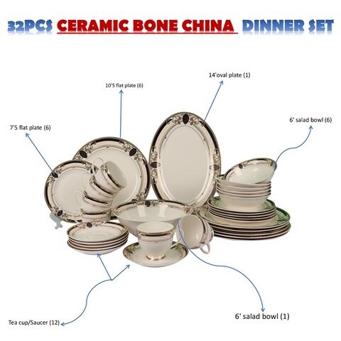 XIANGYU Dinner Set Porcelain Gold, 32pcs tea set; (12)pcs tea cup/saucer, (6) 10&#39;5 flat plate, (6) 7&#39;5 flat plate, (6) 6&#39; salad bowl, (1) 6&#39; salad bowl, (1) 14&#39; oval plate. New Ceramic Bone China, The