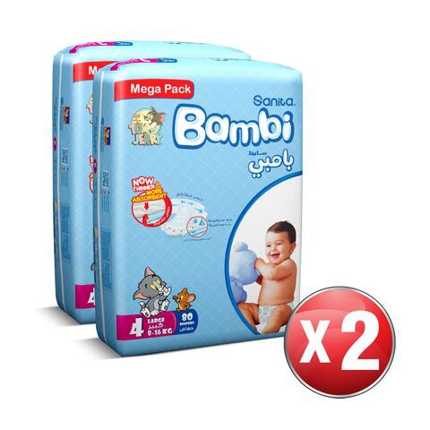 Sanita Bambi Baby Diapers Mega Pack Size 4 Large 8-16 KG 80 Count twin pack