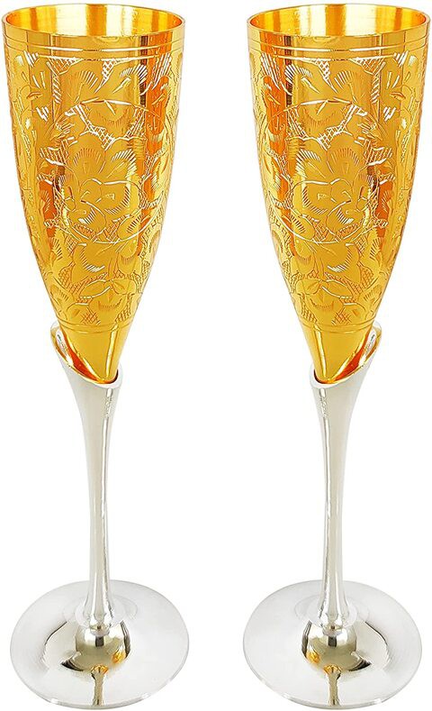 Wine Glass Handmade Engraved Vintage Silver & Gold Plated Champagne Fluted Wine Glass Pack of 2 (Gold Plated)…