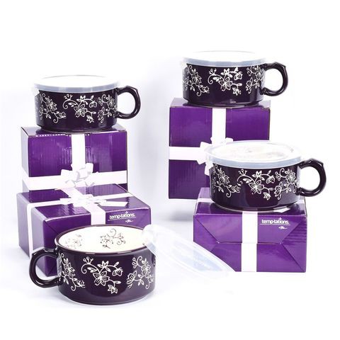 temp-tations Floral Lace Meal Mugs with Gift Boxes Set - 4 Piece - Eggplant