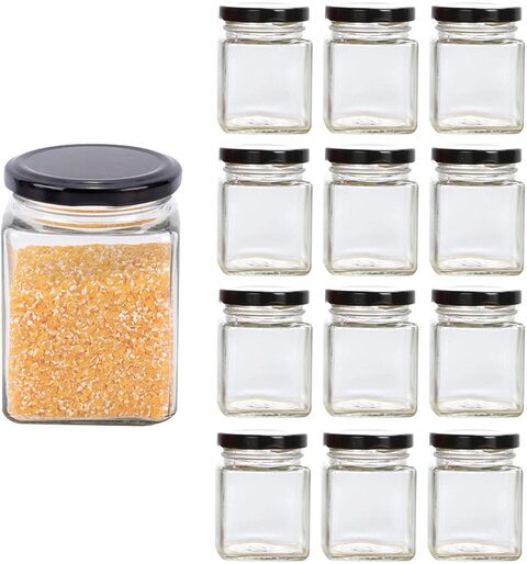 FUFU square jar with black sealed metal regular lid (630ml), sealed transparent glass jar, used as dessert, coffee beans, seasoning, honey, jam, jelly, total 12 jars