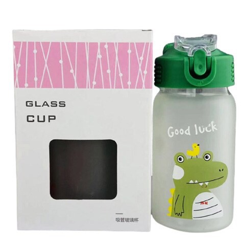 Dinasaur Water Glass Bottle with Straw Green 350ml