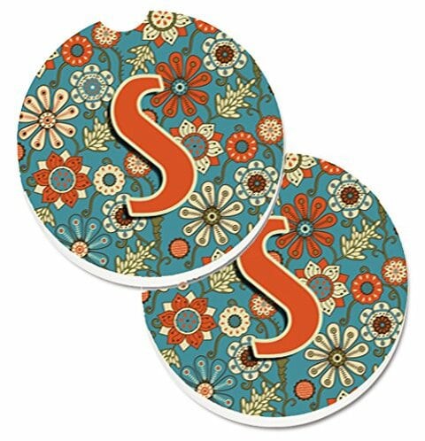 Caroline&#39;s Treasures CJ2012-SCARC Letter S Flowers Retro Blue Set of 2 Cup Holder Car Coasters, Large, multicolor