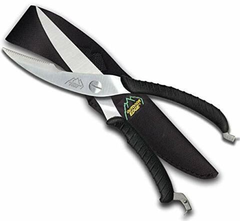 Outdoor Edge Game Shears - Spring Loaded with Serrated and Bone-Breaking Notch for Quartering Birds, Small Game, Fish Nylon Belt Sheath