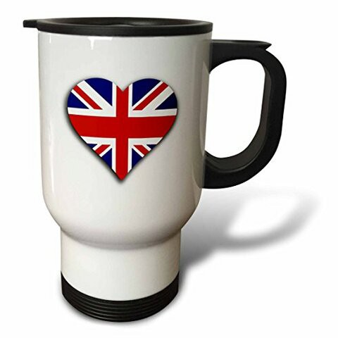 3dRose British Flag Heart UK Union Jack for England and Great Britain Fans Travel Mug, 14 oz, White