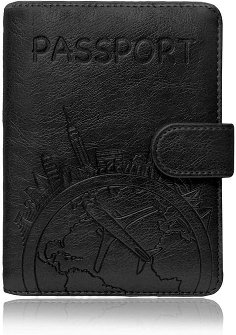 Doreen Passport Holder Leather Travel Wallet - RFID Blocking Passport Cover with Magnetic Button for Women Men (Black - Map)（GC1286A）