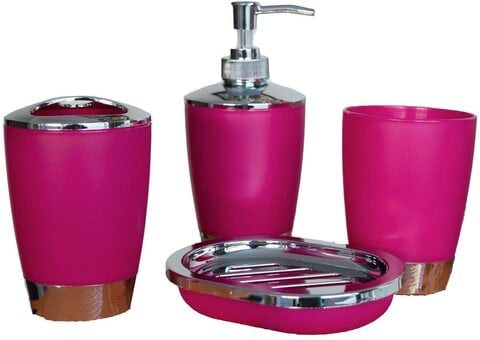 Bathroom Accessories Set 4 Piece Bath Ensemble with Smooth Surface Includes Soap Dispenser, Toothbrush Holder, Toothbrush Cup, Soap Dish for Decorative Countertop and Housewarming Gift, Dark Pink