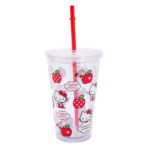 Hello Kitty Leak Proof Straw Cup, Clear, Apple KT Logo Printed 450 ml