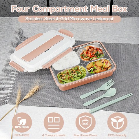 Generic-304 Stainless Steel Lunch Box 4-Grid Microwave Leakproof Four Compartment Meal Box with Free Tableware Set for Students Office Picnic