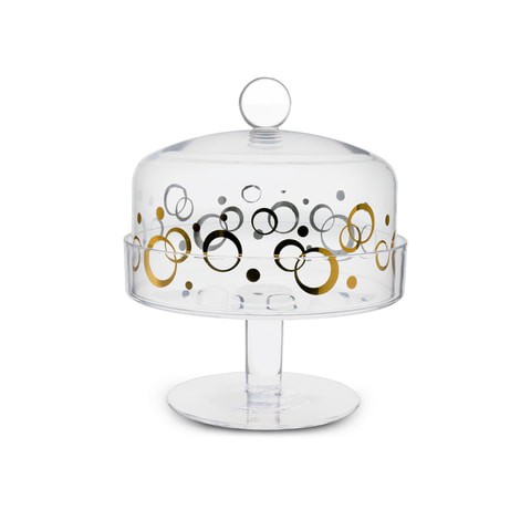 Al Hoora 17*17*H20cm Round Acrylic Cake Serving Clear Stand With Gold Pattern Clear Cover And Simple Round Knob And Box