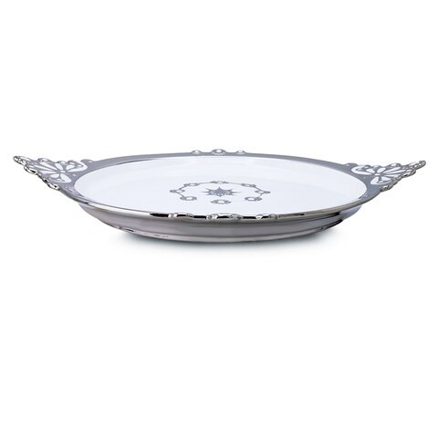 Al Hoora 42*33.5*H3Cm Round White Serving Ceramic Tray W/ Silver Handle Spot Border,Use For Cake, Dessert, Sweets, Sandwich, Snack W/ Beautiful Silver Pattern