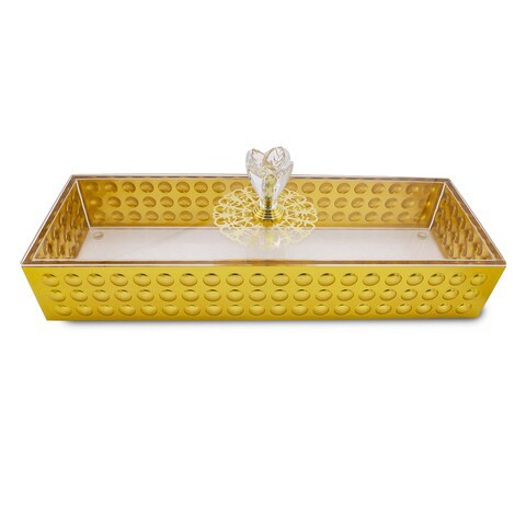 Al Hoora 30.5*10.5*H10cm Rect. Acrylic Gold Serving Tray, Cake Dish, Dessert Tray, Candy Dish W/ Geometric Pattern, Clear Cover, Rose Flower Knob And Color Box