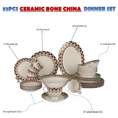 Dinner Set Porcelain Gold, 32pcs tea set; (12)pcs tea cup/saucer, (6) 10&#39;5 flat plate, (6) 7&#39;5 flat plate, (6) 6&#39; salad bowl, (1) 6&#39; salad bowl, (1) 14&#39; oval plate. New Ceramic Bone China, The rich an