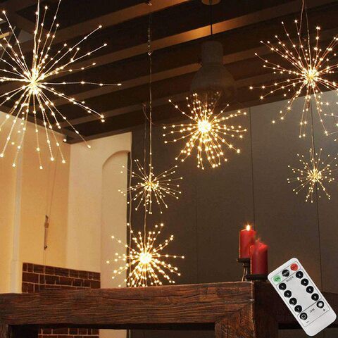 Pxb 200LED Hanging Sphere Lights, Battery Operated Starburst Lights, 8 Modes Dimmable Remote Control, Waterproof Fairy Lights, Copper Wire Lights, Indoors Outdoors Christmas Decoration (Warm White)