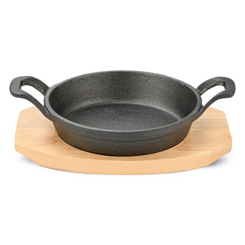 Fissman Pan 15cm With Two Side Handles On Wooden Tray - Cast Iron