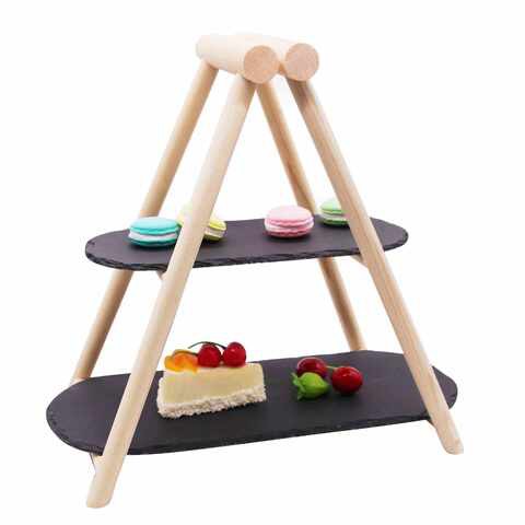 2 Tier Serving Slate With Wooden Stand Oval Wooden Stand:30.5X23.7X38.7CmSlate:41X18Cm And 31X14Cm