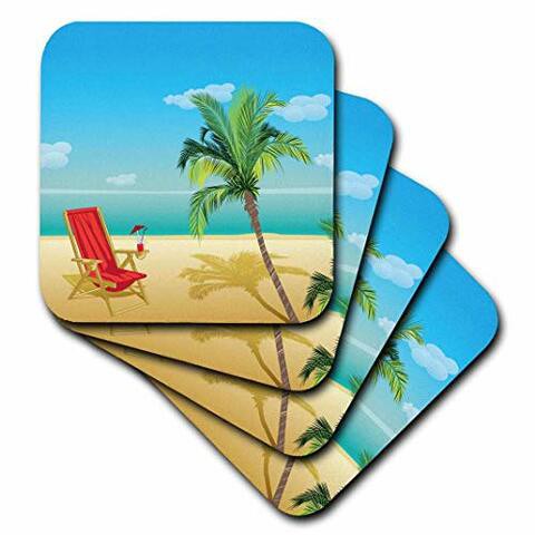 3dRose CST_152538_1 Beach Scene with a Chair and Palm Tree Soft Coasters, Set of 4