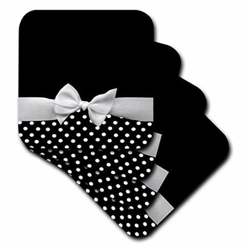 3dRose Cute Fifties Style Black and White Polka Dot Pattern with Elegant Sophisticated White Ribbon Bow - Soft Coasters, Set of 4 (CST_56662_1)