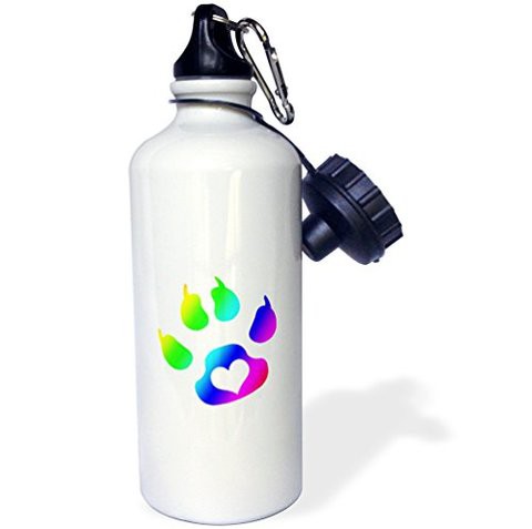 3DroseCats Paw Print With Heart Rainbow&quot; Sports Water Bottle, 21 Oz, White